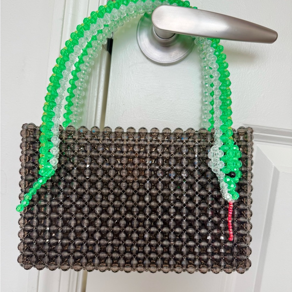 SUSAN ALEXANDRA Black Beaded Handbag with SNAKE Handle